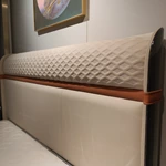 Beige Upholstered Bed with Quilted Headboard, Wood Accent & Gold Stainless Steel Feet